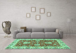 Machine Washable Oriental Turquoise Traditional Area Rugs in a Living Room,, wshabs2510turq