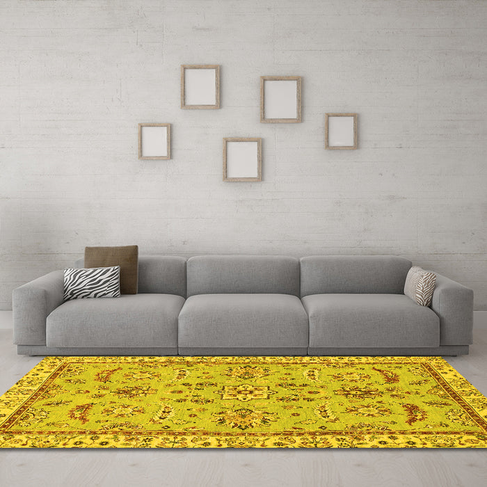 Machine Washable Oriental Yellow Traditional Rug in a Living Room, wshabs2511yw