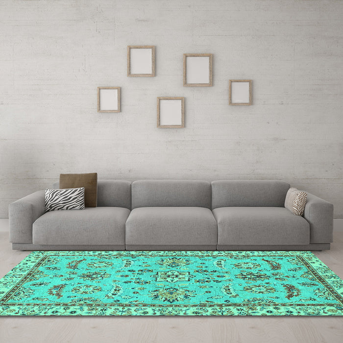 Machine Washable Oriental Turquoise Traditional Area Rugs in a Living Room,, wshabs2511turq