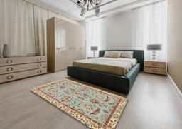 Abstract Dark Gold Brown Oriental Rug in a Bedroom, abs2511