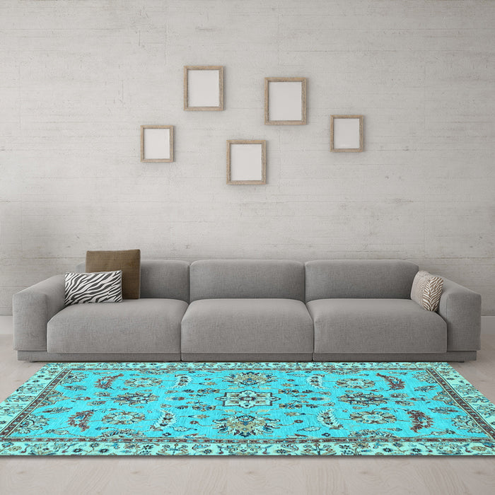 Machine Washable Oriental Light Blue Traditional Rug in a Living Room, wshabs2511lblu