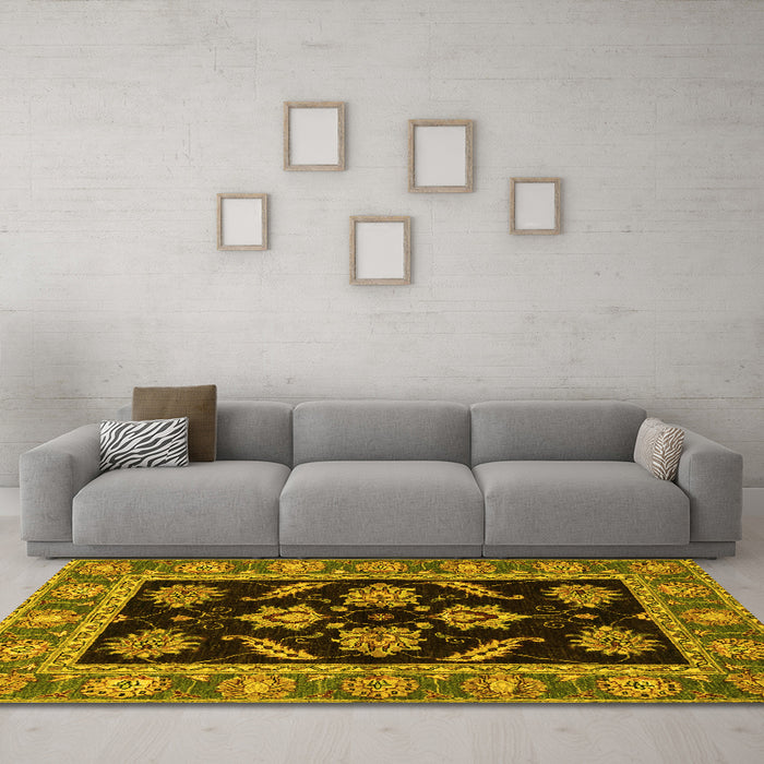 Machine Washable Oriental Yellow Traditional Rug in a Living Room, wshabs2512yw
