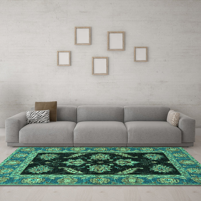 Machine Washable Oriental Turquoise Traditional Area Rugs in a Living Room,, wshabs2512turq