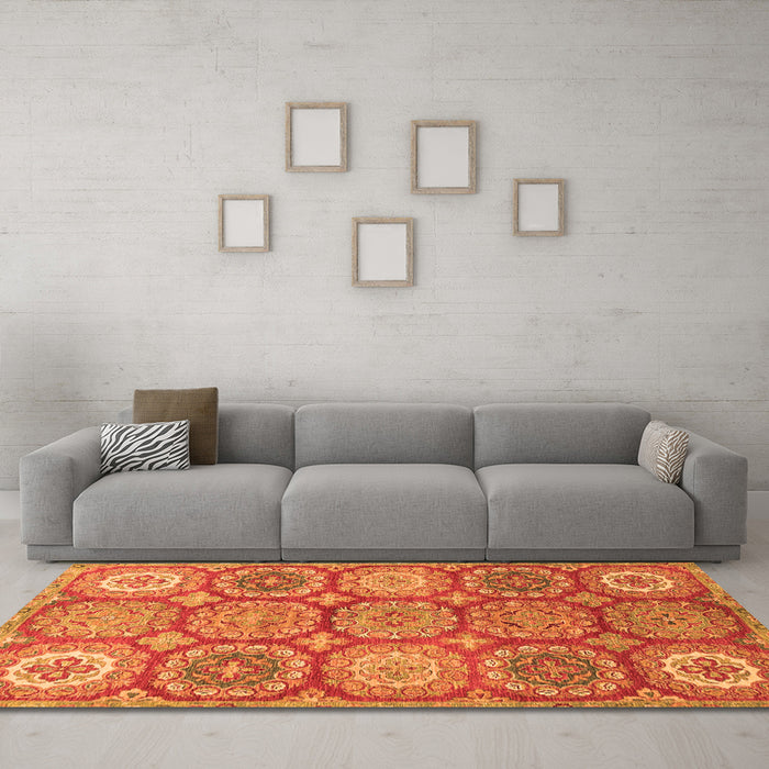 Machine Washable Abstract Orange Modern Area Rugs in a Living Room, wshabs2516org