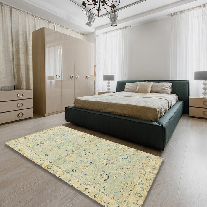 Abstract Dark Khaki Green Oriental Rug in a Bedroom, abs2519