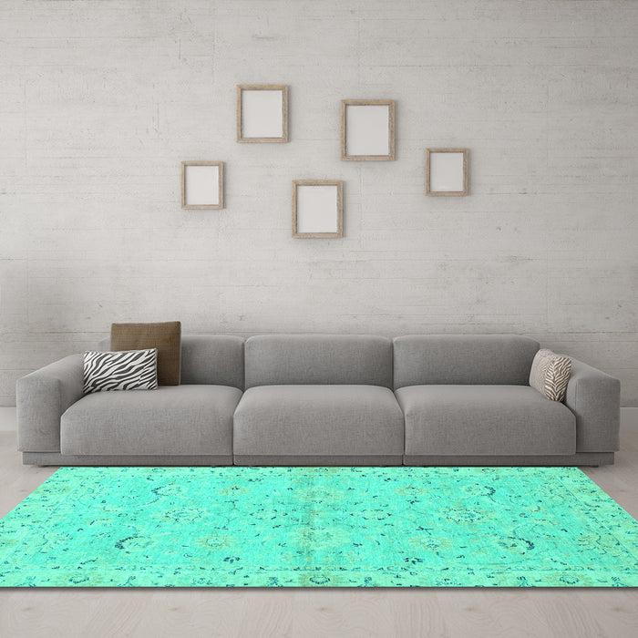 Machine Washable Oriental Turquoise Traditional Area Rugs in a Living Room,, wshabs2519turq