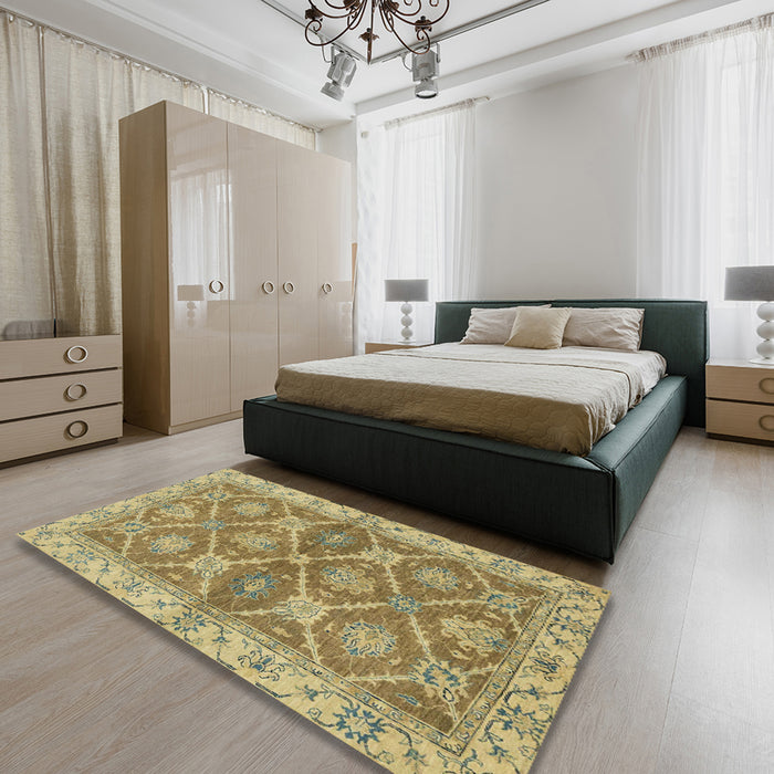 Abstract Metallic Gold Modern Rug in a Bedroom, abs2522
