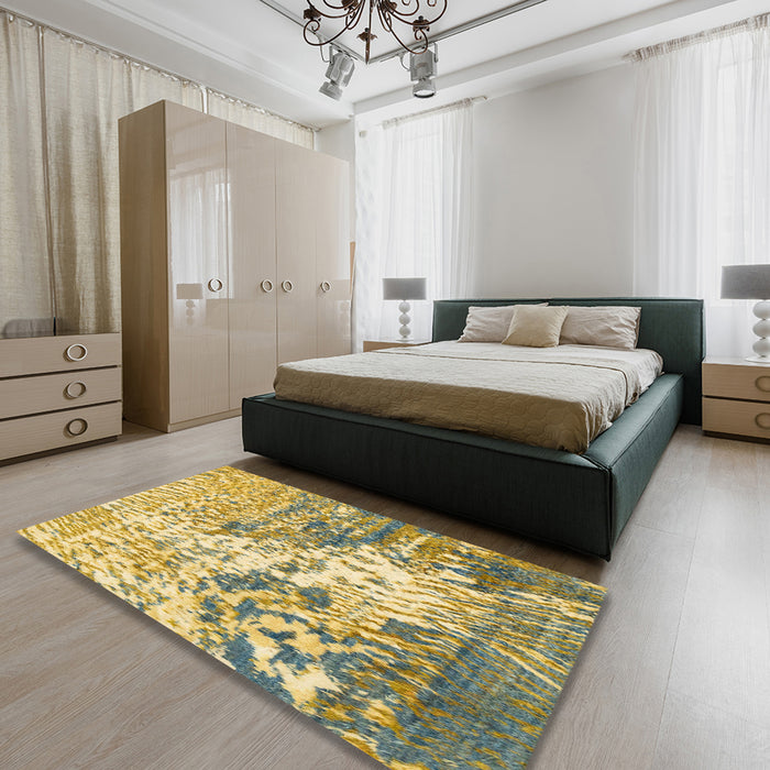 Abstract Chrome Gold Yellow Modern Rug in a Bedroom, abs2523