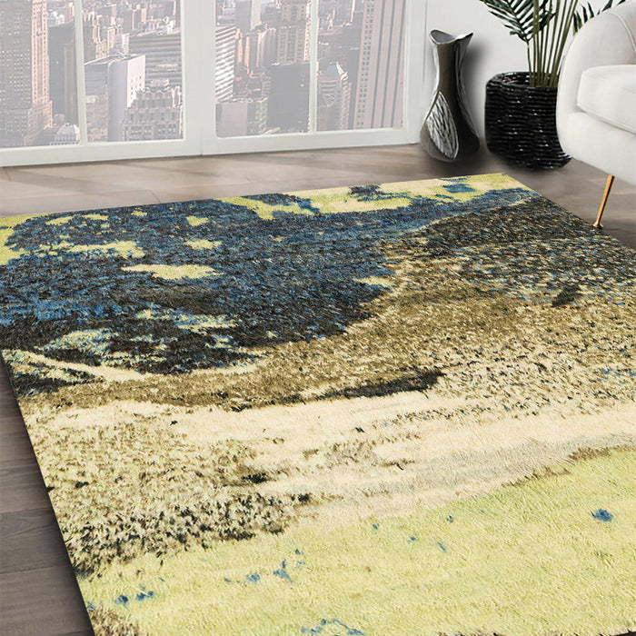 Abstract Brown Gold Modern Rug in Family Room, abs2528
