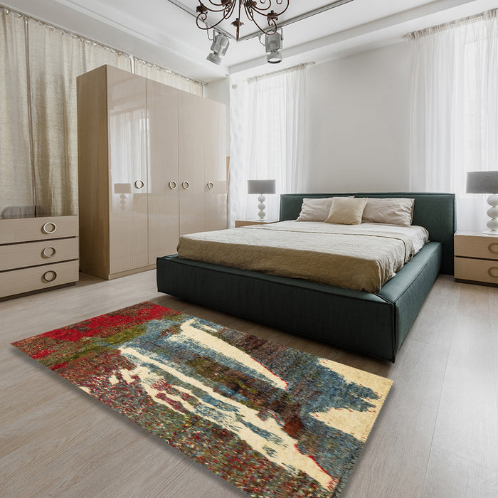 Abstract Red Brown Modern Rug in a Bedroom, abs2530
