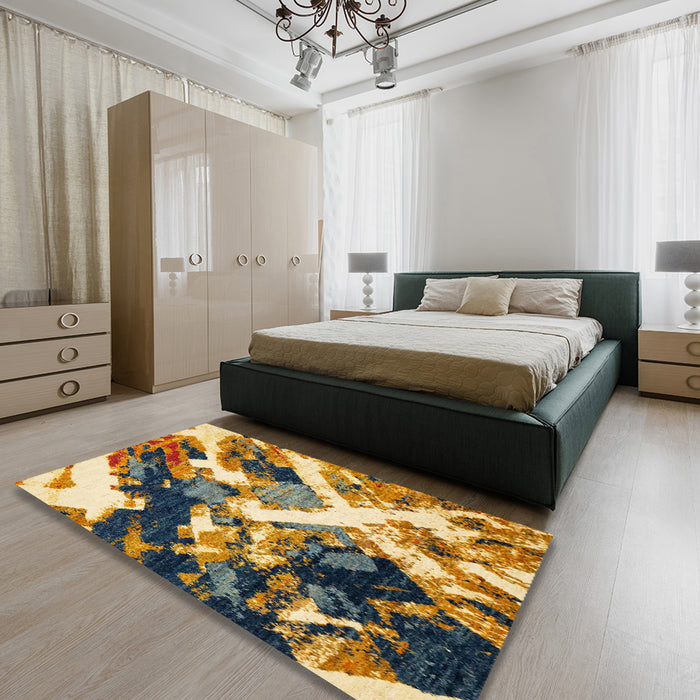 Abstract Reddish Brown Modern Rug in a Bedroom, abs2533