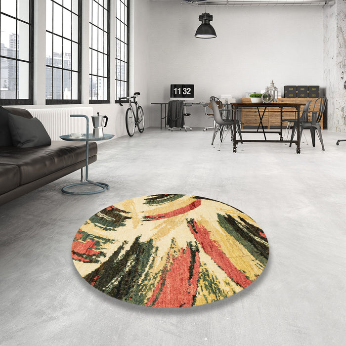 Round Machine Washable Abstract Mustard Yellow Rug in a Office, wshabs2534