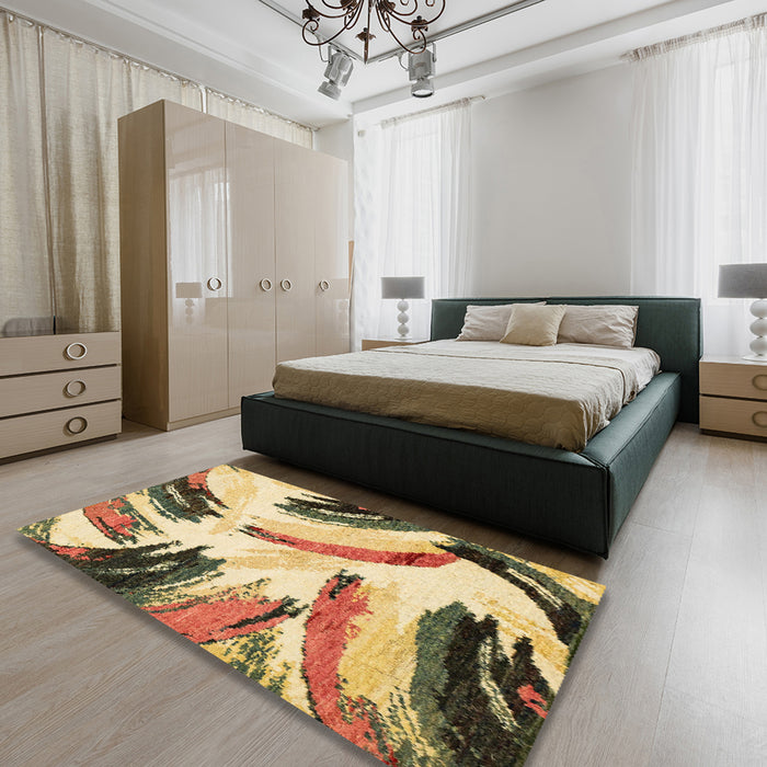 Machine Washable Abstract Mustard Yellow Rug in a Bedroom, wshabs2534
