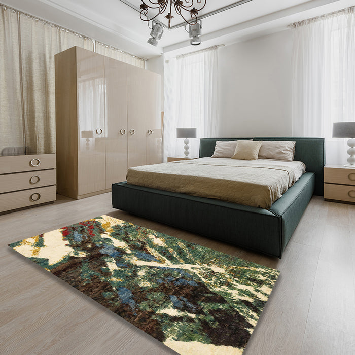 Abstract Olive Green Modern Rug in a Bedroom, abs2535