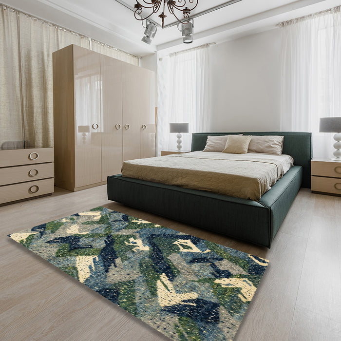 Abstract Dark Slate Gray Green Modern Rug in a Bedroom, abs2543