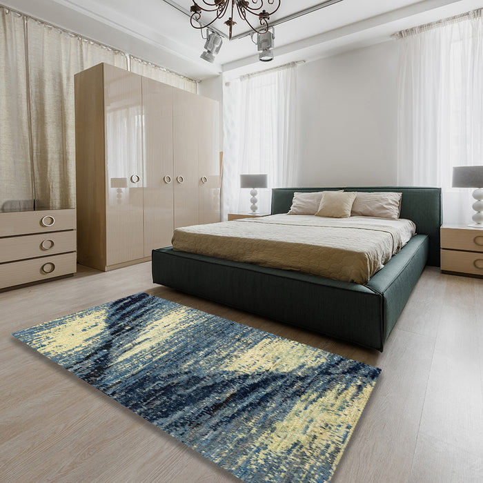 Abstract Dark Blue Grey Blue Modern Rug in a Bedroom, abs2546