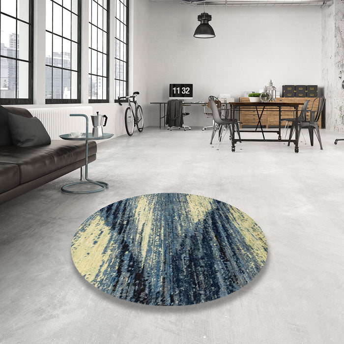 Round Machine Washable Abstract Dark Blue Grey Blue Rug in a Office, wshabs2546