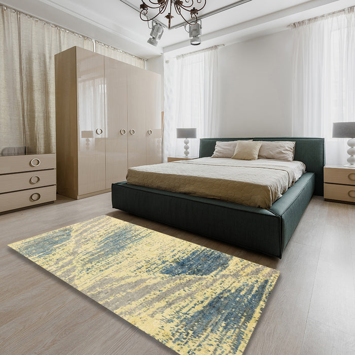Machine Washable Abstract Brown Gold Rug in a Bedroom, wshabs2547