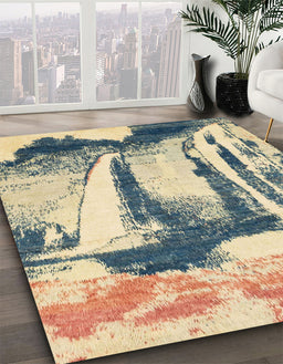 Abstract Brown Gold Modern Rug in Family Room, abs2549
