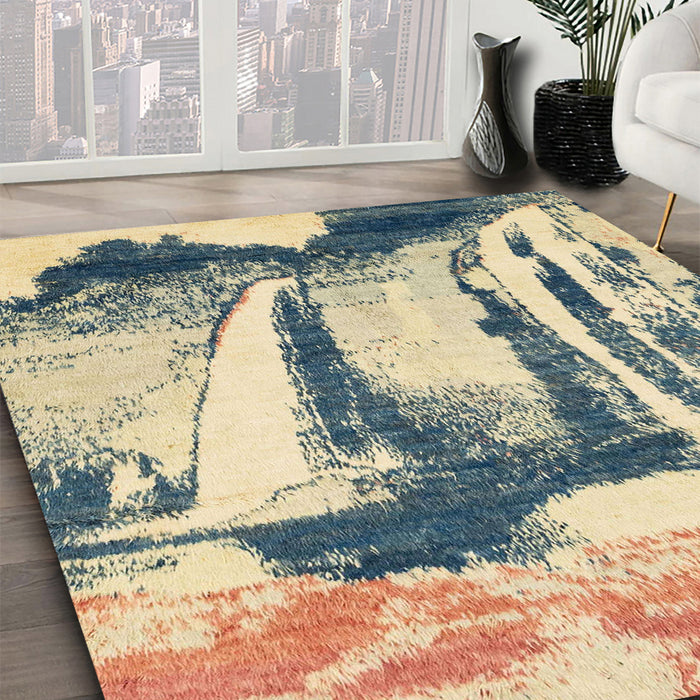 Abstract Brown Gold Modern Rug in Family Room, abs2549