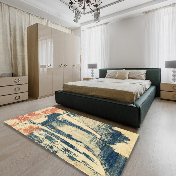 Machine Washable Abstract Brown Gold Rug in a Bedroom, wshabs2549