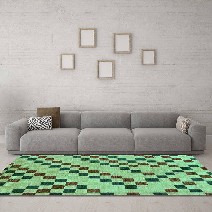 Machine Washable Checkered Turquoise Modern Area Rugs in a Living Room,, wshabs254turq