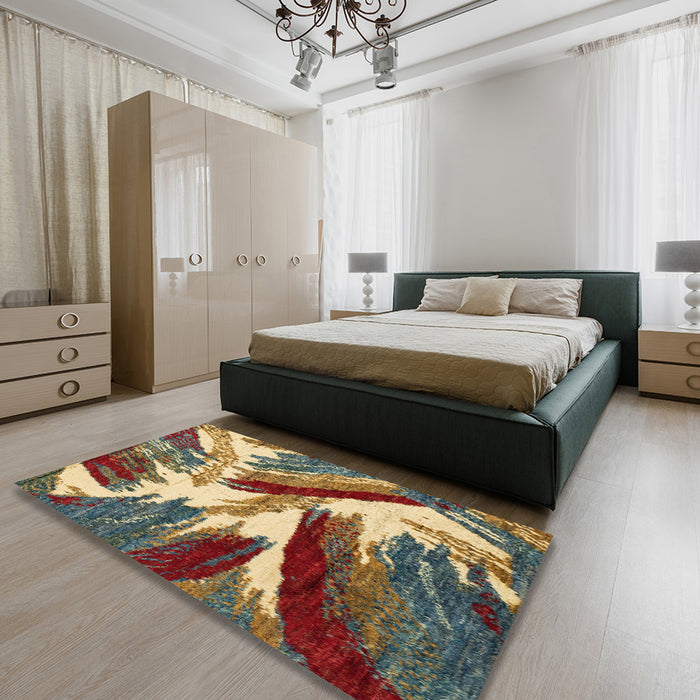 Machine Washable Abstract Dark Sienna Brown Rug in a Bedroom, wshabs2551