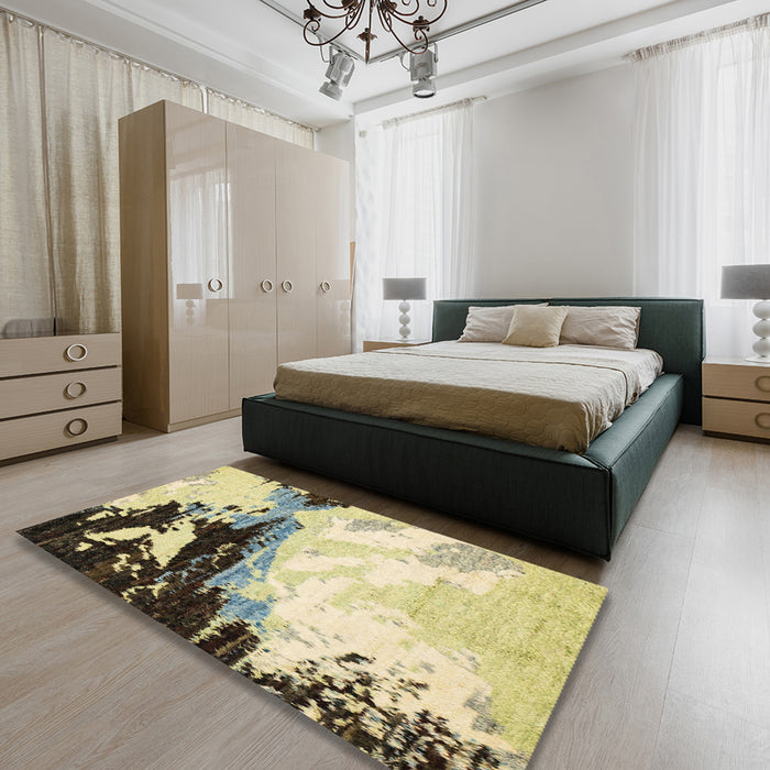 Machine Washable Abstract Brown Gold Rug in a Bedroom, wshabs2552