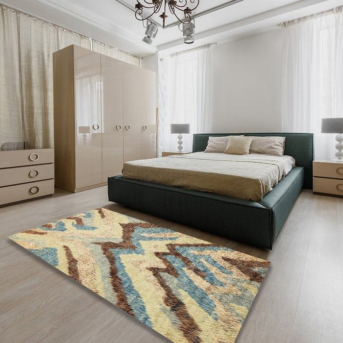 Machine Washable Abstract Brown Gold Rug in a Bedroom, wshabs2555