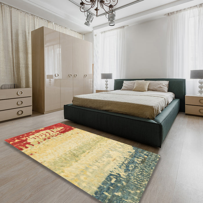 Machine Washable Abstract Mustard Yellow Rug in a Bedroom, wshabs2558