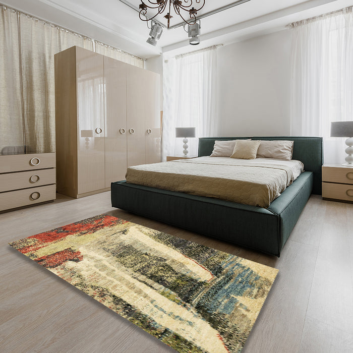 Abstract Yellow Modern Rug in a Bedroom, abs2564