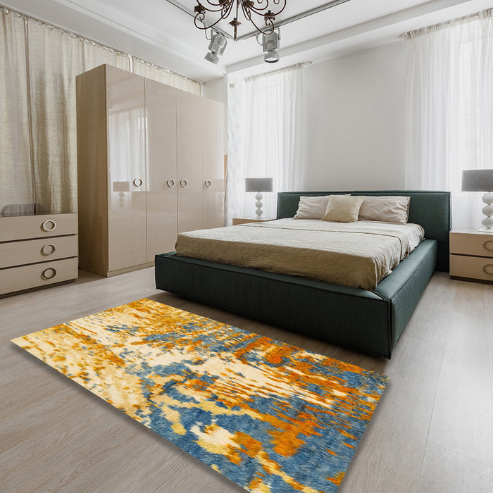 Abstract Dark Gold Brown Modern Rug in a Bedroom, abs2565