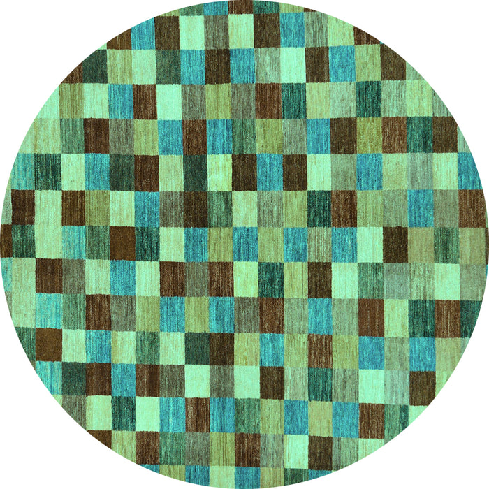Round Machine Washable Checkered Turquoise Modern Area Rugs, wshabs256turq