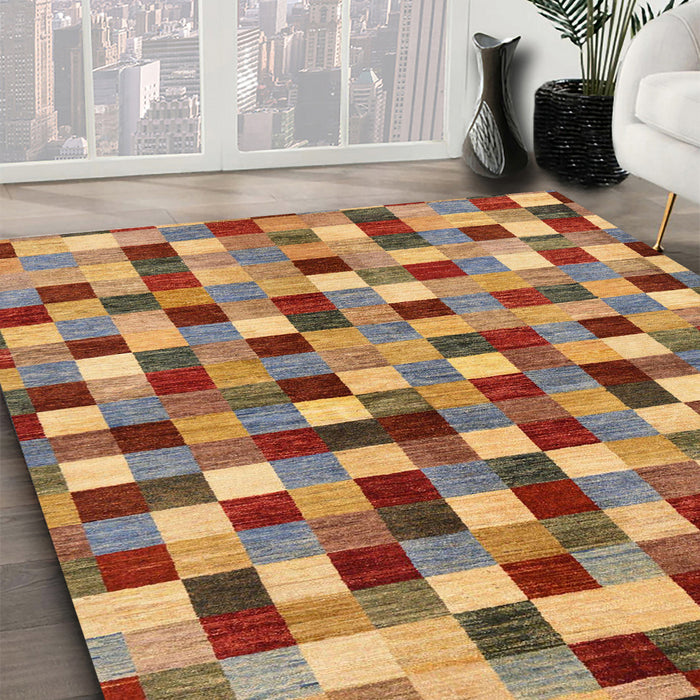 Abstract Metallic Gold Checkered Rug in Family Room, abs256
