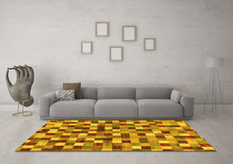 Machine Washable Checkered Yellow Modern Rug in a Living Room, wshabs256yw