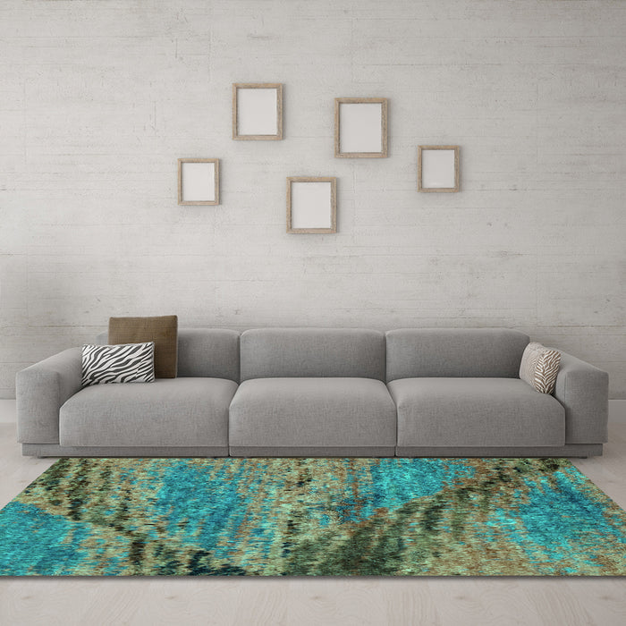 Machine Washable Abstract Turquoise Modern Area Rugs in a Living Room,, wshabs2571turq