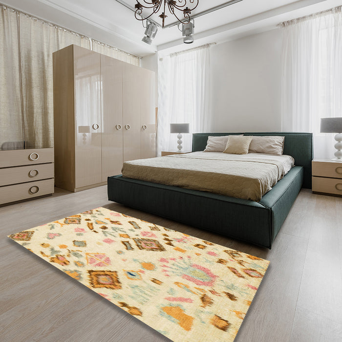 Machine Washable Abstract Khaki Gold Rug in a Bedroom, wshabs2572