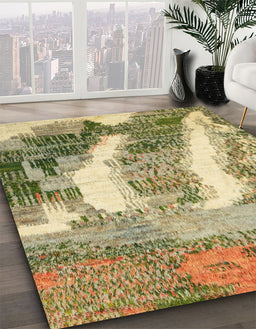 Abstract Ginger Brown Green Modern Rug in Family Room, abs2573