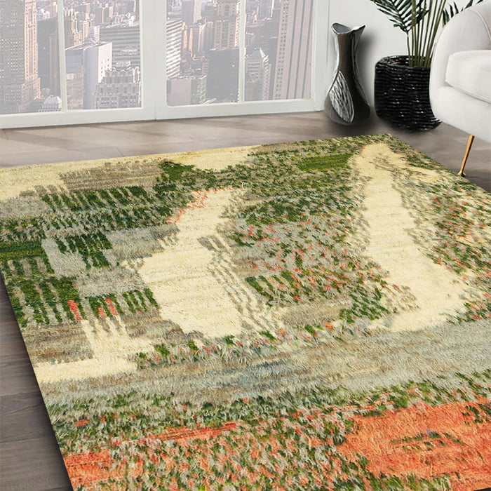 Machine Washable Abstract Ginger Brown Green Rug in a Family Room, wshabs2573