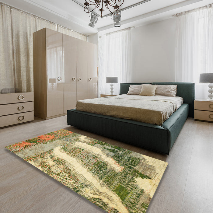 Machine Washable Abstract Ginger Brown Green Rug in a Bedroom, wshabs2573