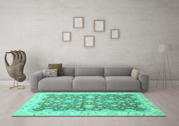 Machine Washable Oriental Turquoise Traditional Area Rugs in a Living Room,, wshabs2577turq