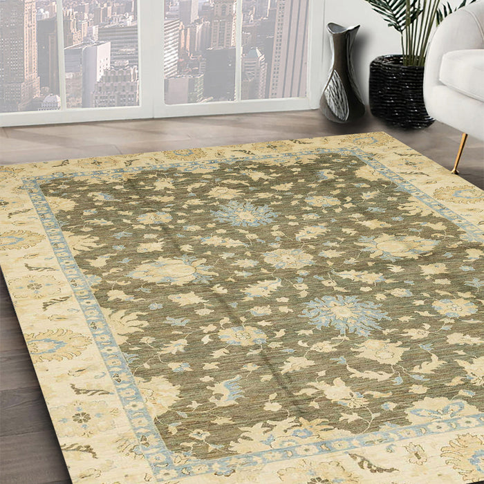Abstract Dark Almond Brown Oriental Rug in Family Room, abs2577