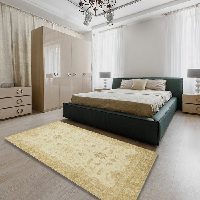 Abstract Brown Gold Oriental Rug in a Bedroom, abs2578
