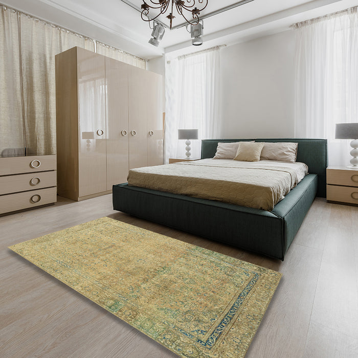 Abstract Metallic Gold Modern Rug in a Bedroom, abs2585