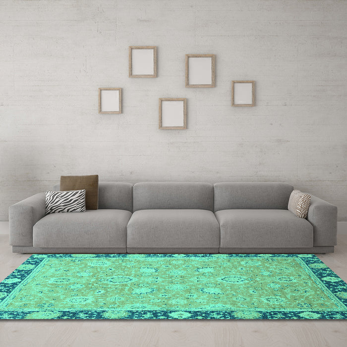 Machine Washable Oriental Turquoise Traditional Area Rugs in a Living Room,, wshabs2586turq