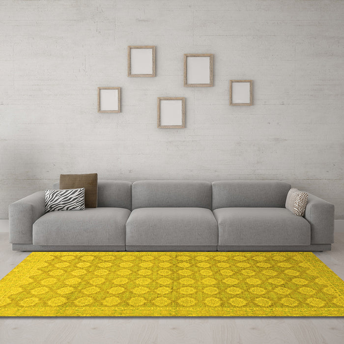 Machine Washable Oriental Yellow Traditional Rug in a Living Room, wshabs2587yw