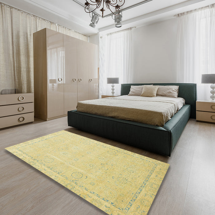 Machine Washable Abstract Mustard Yellow Rug in a Bedroom, wshabs2589
