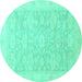 Round Machine Washable Oriental Turquoise Traditional Area Rugs, wshabs2592turq