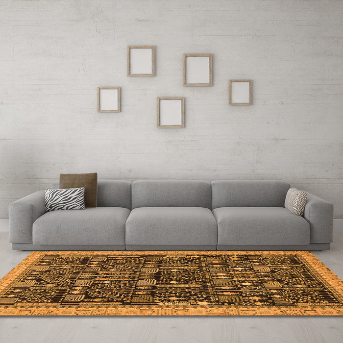 Machine Washable Abstract Orange Modern Area Rugs in a Living Room, wshabs2593org