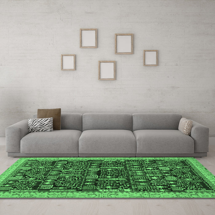 Machine Washable Abstract Emerald Green Modern Area Rugs in a Living Room,, wshabs2593emgrn